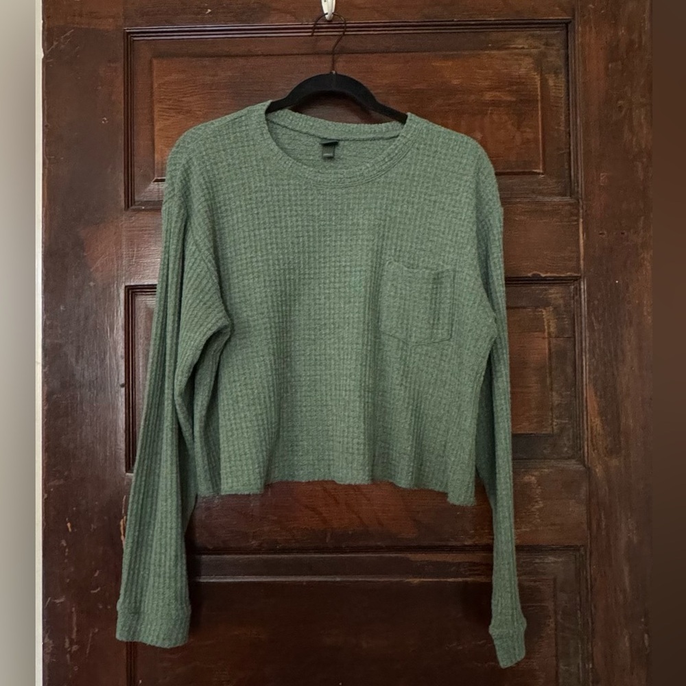 Wild Fable Olive Waffle Knit Cropped Sweatshirt